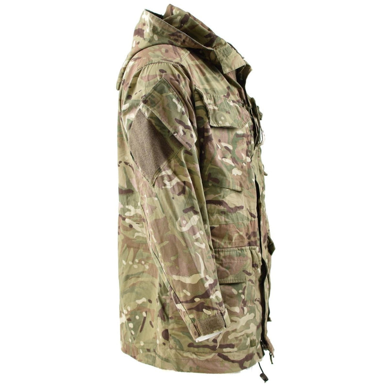 Side view of a genuine British Army MTP camouflage combat parka jacket with hood and multiple pockets