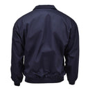 Back view of a deep blue British Royal Air Forces RAF tracksuit bomber jacket with elasticated cuffs and bottom hem.