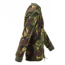 Side view of British Military thermal fleece jacket in DPM camouflage with rib-knit cuffs and adjustable hem