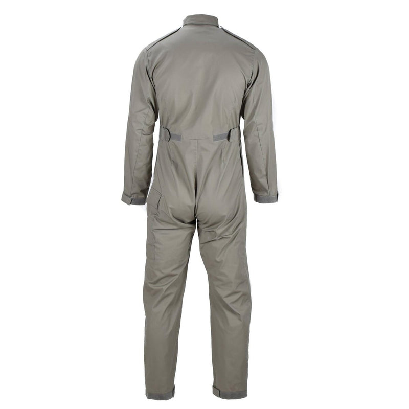 Back view of genuine British army grey mechanic coveralls with adjustable waist and long sleeves.