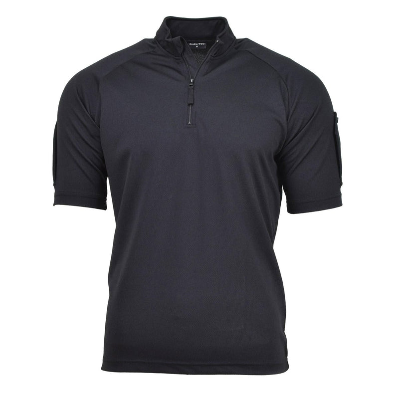Black British police tactical polo shirt with half-zip, breathable stretch fabric, and functional design.