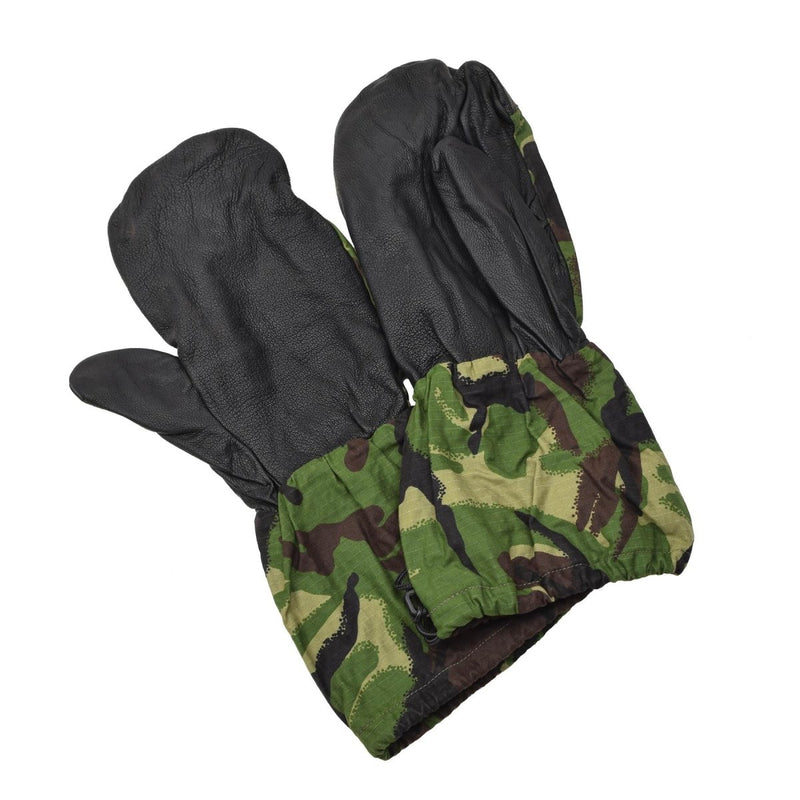 British military mittens with leather palm grip and DPM camouflage ripstop fabric for durability and warmth.