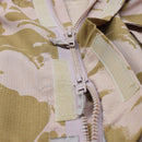Close-up of zipper and Velcro on a desert camouflage British military flame resistant windproof smock jacket