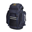 Durable navy blue British Royal Air Force backpack with embroidered insignia, spacious for camping and hiking use.