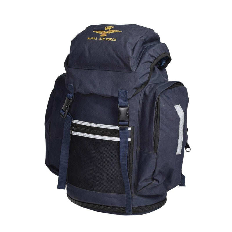 Durable navy blue British Royal Air Force backpack with embroidered insignia, spacious for camping and hiking use.