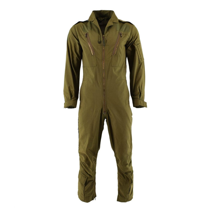 Genuine British Royal Air Forces olive green coverall jumpsuit with zipper and multiple pockets, military surplus.