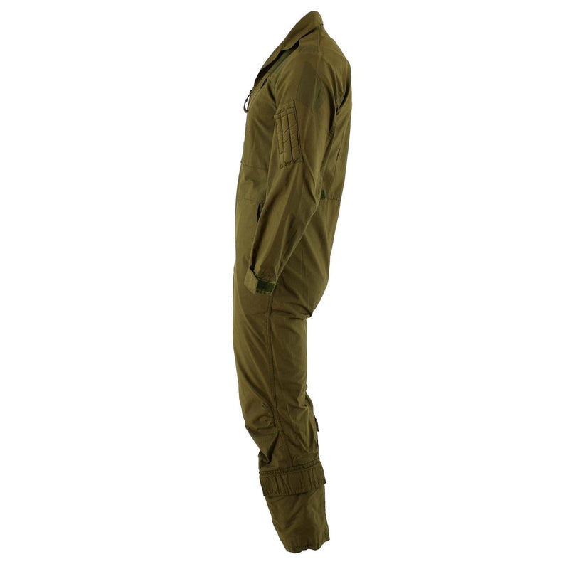 Side view of genuine British Royal Air Forces olive green military surplus coverall jumpsuit with zipper closure and adjustable cuffs