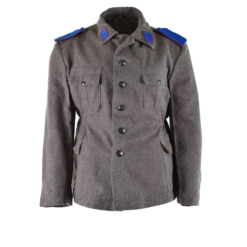 Vintage genuine Bulgarian Army wool jacket in grey-brown with blue shoulder patches and button closure, military surplus uniform style.