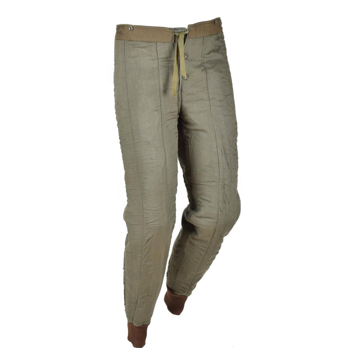 Genuine Czech Army M60 thermal liner pants with elasticated bottoms, vintage military surplus design in olive green color.