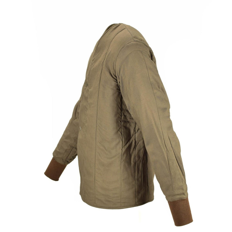 Genuine Czech Army quilted M60 jacket liner with brown ribbed cuffs, button-up front, and thermal insulation.