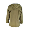 Back view of genuine Danish army green waterproof wet weather jacket with hood and adjustable cuffs.