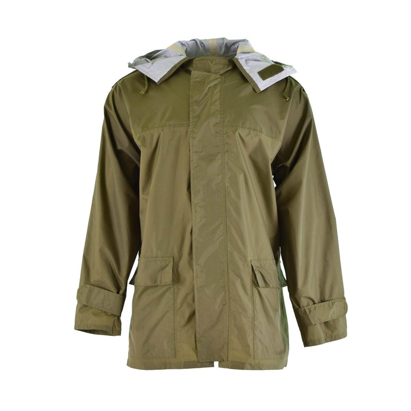 Genuine Danish army olive drab waterproof jacket with hood, adjustable cuffs, storm flap, and front pockets.