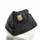 Vintage Danish army wool garrison cap in gray with embroidered military insignia patch from the 1950s era.