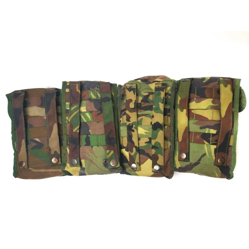 Four genuine Dutch Army canteen pouches in various DPM camouflage patterns with MOLLE attachments displayed side by side