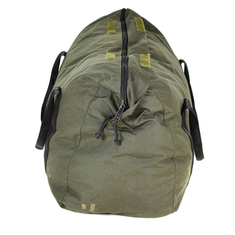Genuine Dutch Army olive green sleeping bag carrier pouch with zipper and black side handles for outdoor gear storage