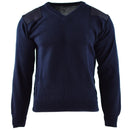 Dark blue genuine Dutch army sweater with reinforced shoulders and elbows, V-neck military pullover for durability and comfort.