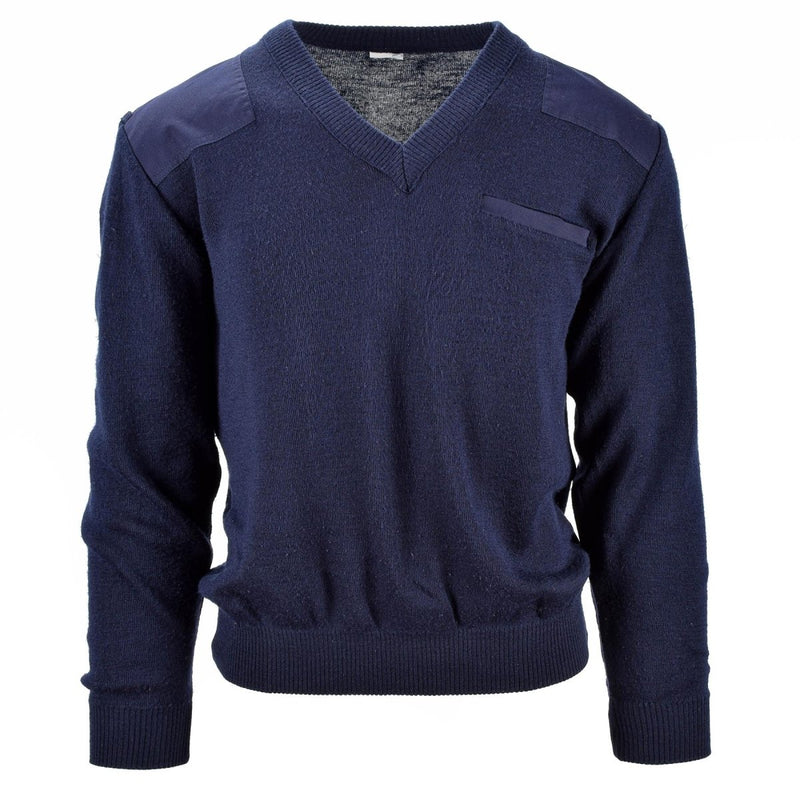 Navy blue Dutch army sweater with V-neck, reinforced shoulders and elbows, designed for durability and style.