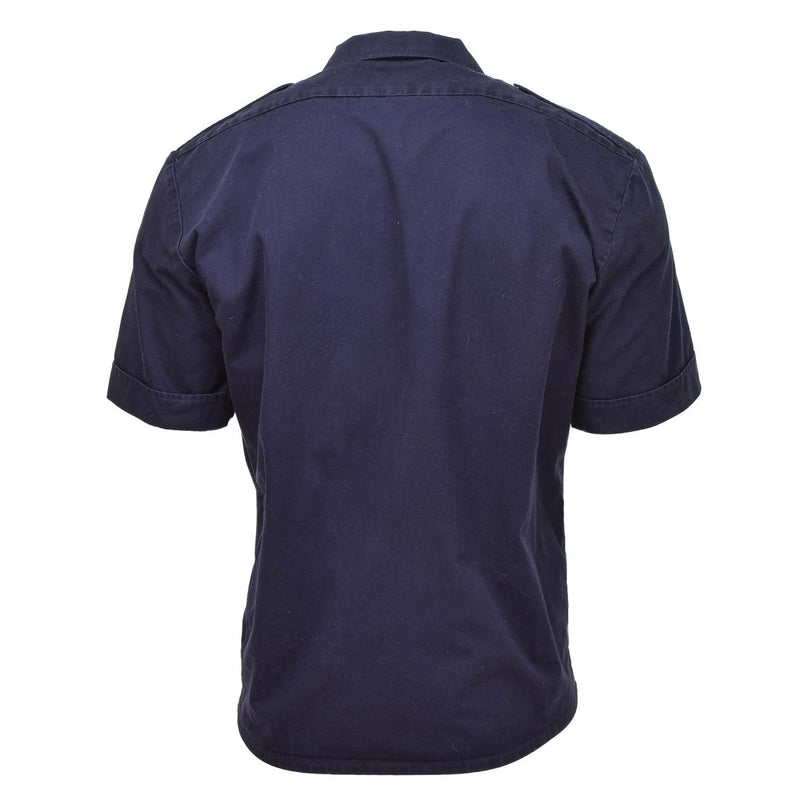 Back view of a genuine Dutch military short-sleeve buttoned shirt in solid blue, durable and breathable fabric.