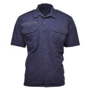 Solid blue Dutch military surplus short sleeve shirt with button front, chest pockets, and shoulder epaulets.