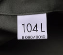 Close-up of size tag 104L on olive green Genuine French Army F2 combat jacket military surplus shirt