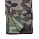 Close-up of waterproof trilaminate fabric and zipper detail on Genuine French Army CCE camo rain pants