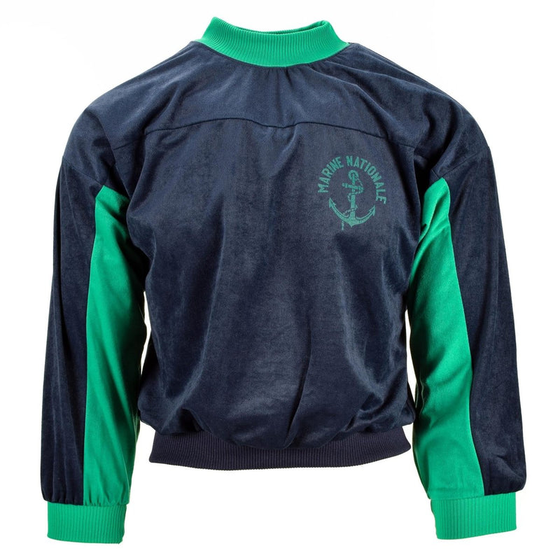 Genuine French army navy green turtleneck sports jumper with Marine Nationale emblem, cotton blend fabric, vintage style sweater.