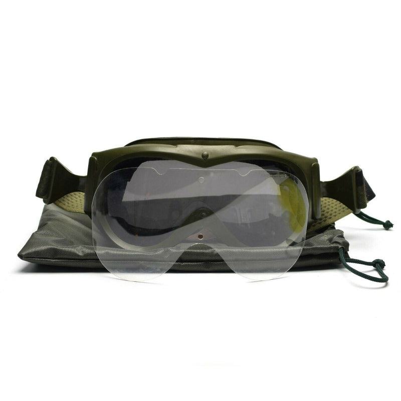 Genuine French army tanker goggles with padded interior and adjustable camouflage elastic strap for military eye protection.