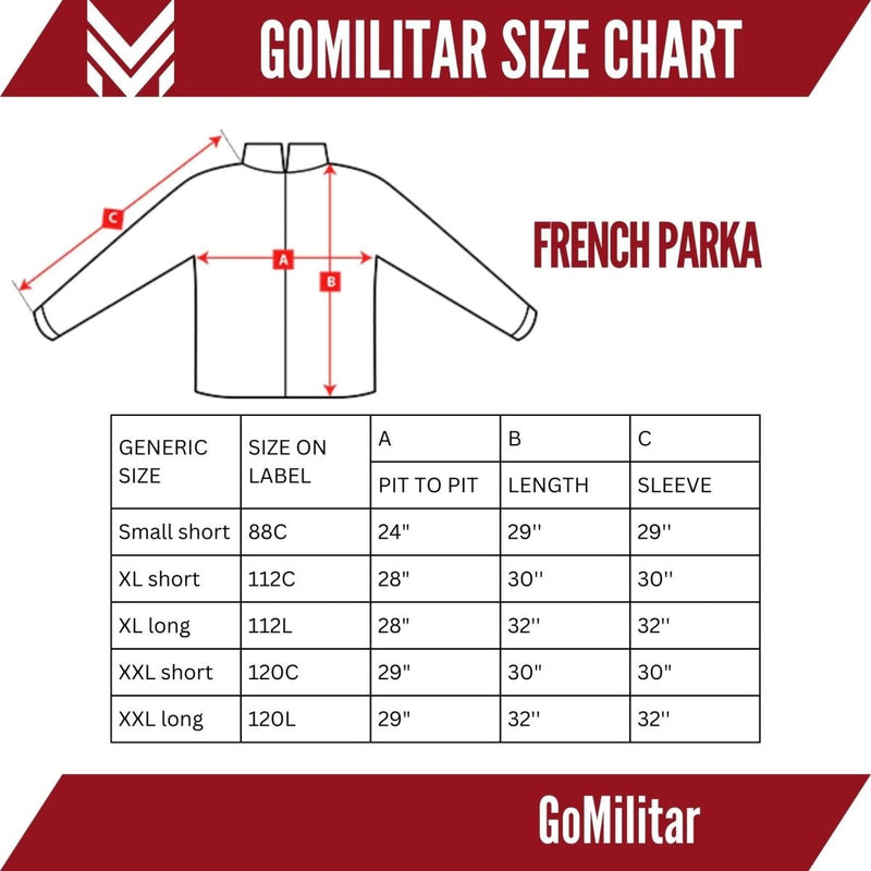 Size chart for French army waterproof trilaminate jacket showing measurements for pit to pit, length, and sleeve sizes