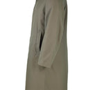 Side view of a genuine French military olive green waterproof raincoat with a single-breasted design and pocket detail