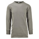 Olive green genuine French military thermal plush undershirt with long sleeves and elastic cuffs for winter warmth
