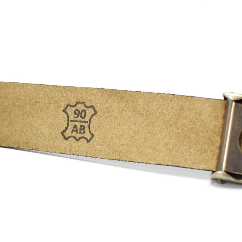 Close-up of genuine leather marking stamped 90 AB on the underside of a German army military belt strap.