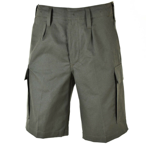 Genuine German army issue olive moleskin cargo shorts with durable fabric and multiple pockets for outdoor use.
