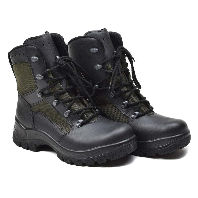 Pair of genuine German military leather and textile combat boots with slip-resistant soles and fast lacing system