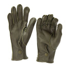 Genuine German police issue olive drab leather patrol gloves with snap-button wrist for durable outdoor protection.