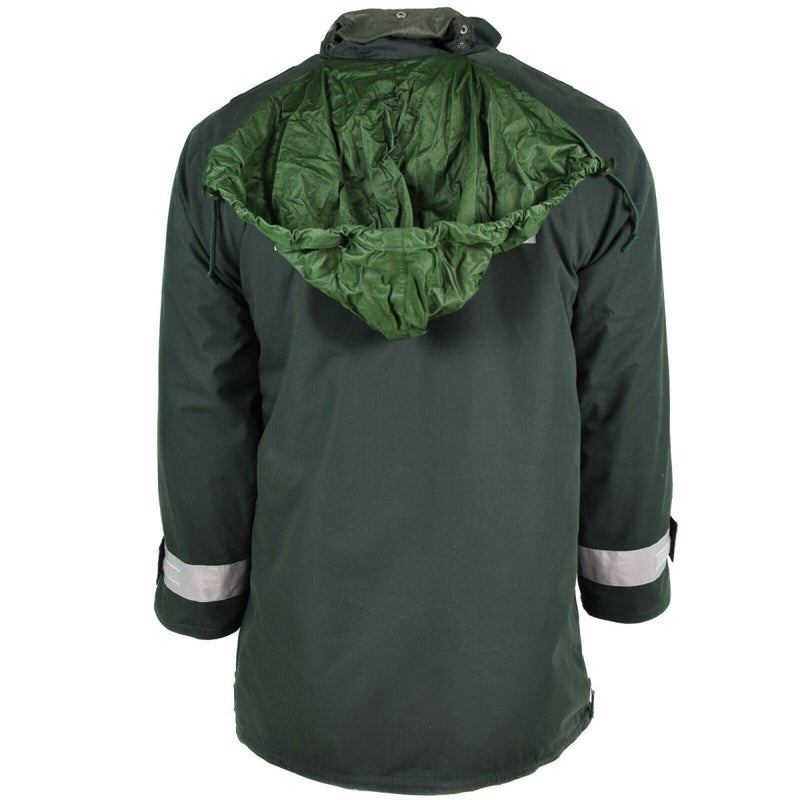 Back view of genuine German police GoreTex green waterproof BGS parka with hood and reflective cuffs