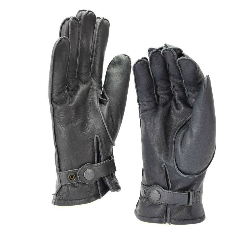 Pair of genuine black leather gloves with adjustable wrist straps, lined for warmth and durable for winter use.