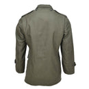 Back view of genuine Greek military M65 field jacket in olive, durable with military-style details and sturdy construction.