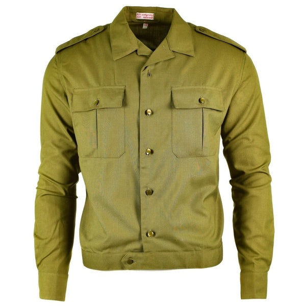 Khaki Hungarian army officer long sleeve shirt with buttoned chest pockets and shoulder epaulettes, durable military design