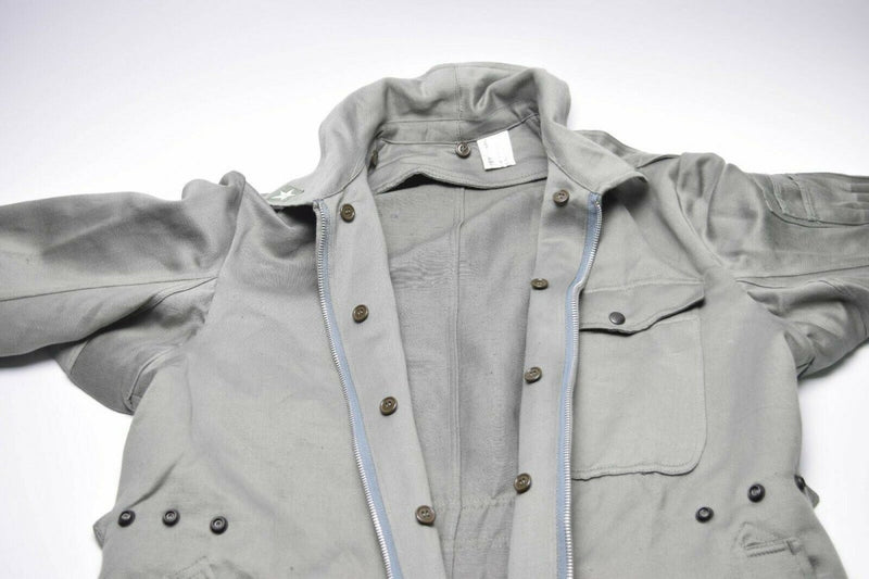 Genuine Italian Army military grey coverall suit with zip-front, button closures, and durable cotton blend fabric laid flat.