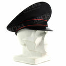 Genuine Italian Army black Military Police peaked cap with red trim and visor displayed on white mannequin head.