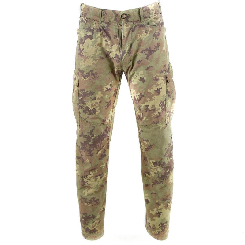 Genuine Italian Army ripstop cargo pants in Vegetato desert camo with reinforced knees and multiple pockets for durability.