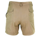 Back view of genuine Italian khaki military shorts with buttoned cargo pockets and belt loops.