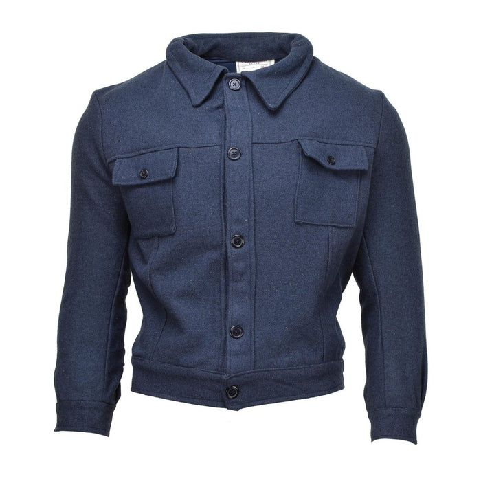 Vintage Italian military wool gabardine jacket in blue with button closure and chest pockets, sturdy and durable design.