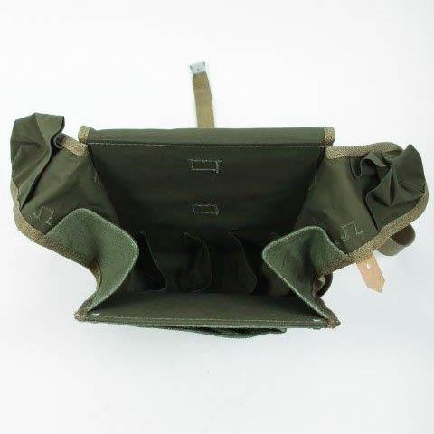 Open vintage Polish army medic kit bag made of heavy-duty canvas showing divided interior compartments for organized first aid storage