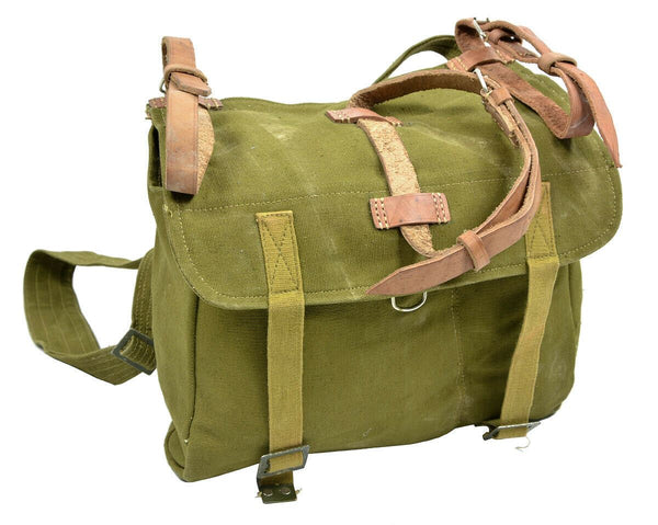 Genuine Romanian army olive canvas bread bag with leather straps, durable military surplus haversack for outdoor use.