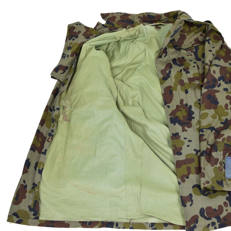 Genuine Romanian Army M93 Parka with combat camo leaf pattern, hood, and light green inner lining military jacket new