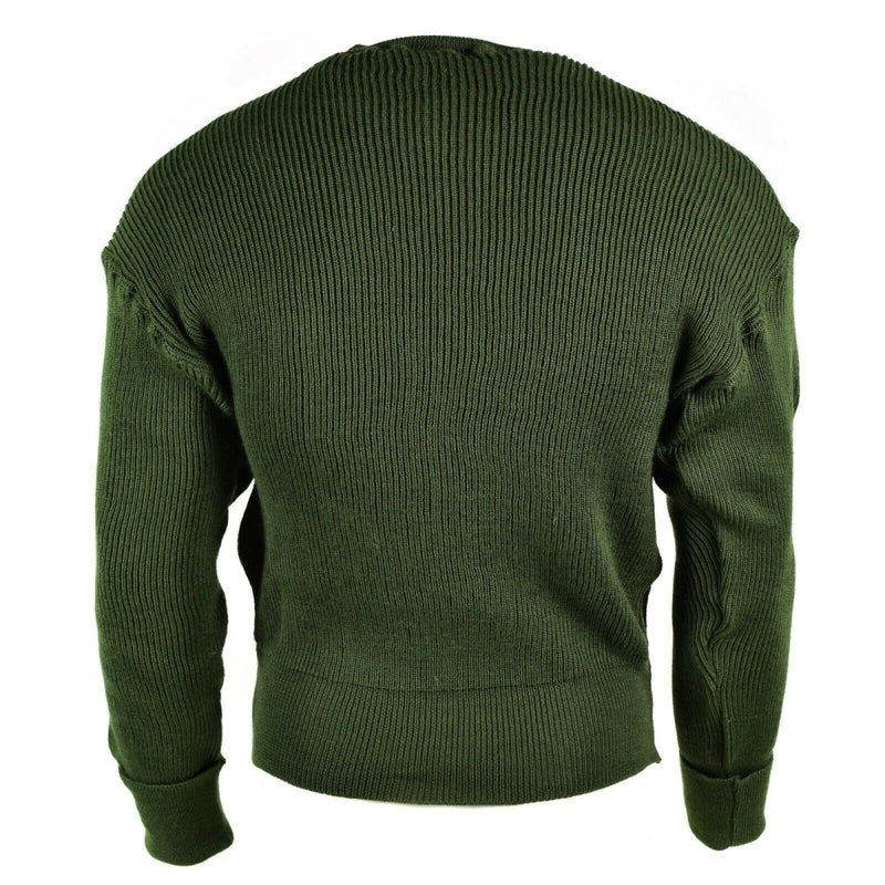 Back view of genuine Swedish military green wool sweater jumper with full zip and ribbed cuffs and waistband