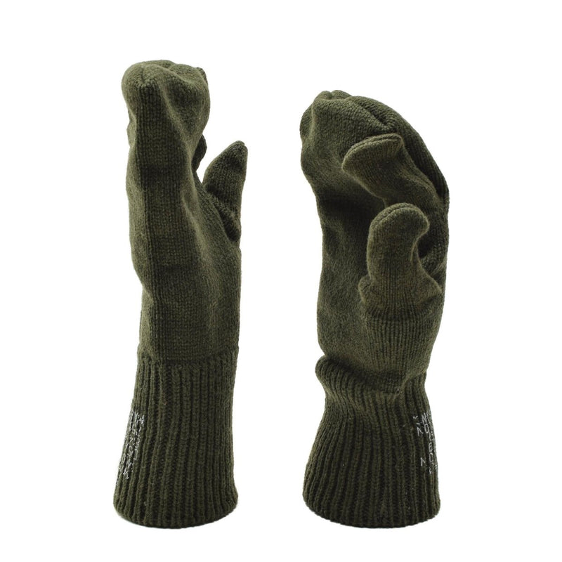 Green wool U.S. Military trigger finger mittens with finger-free design for warmth and dexterity outdoors.