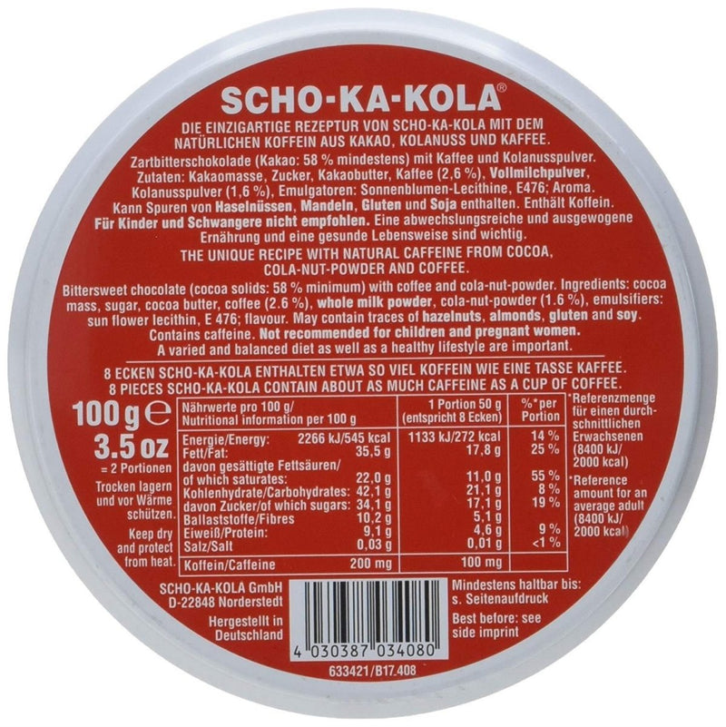 Back of German SCHO-KA-KOLA dark chocolate tin with caffeine and cola nut ingredients and nutrition info.