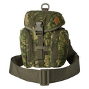 Camouflage Helikon-Tex Essential Kit Bag with MOLLE system, buckle closure, and adjustable wide strap for bushcraft and tactical use.